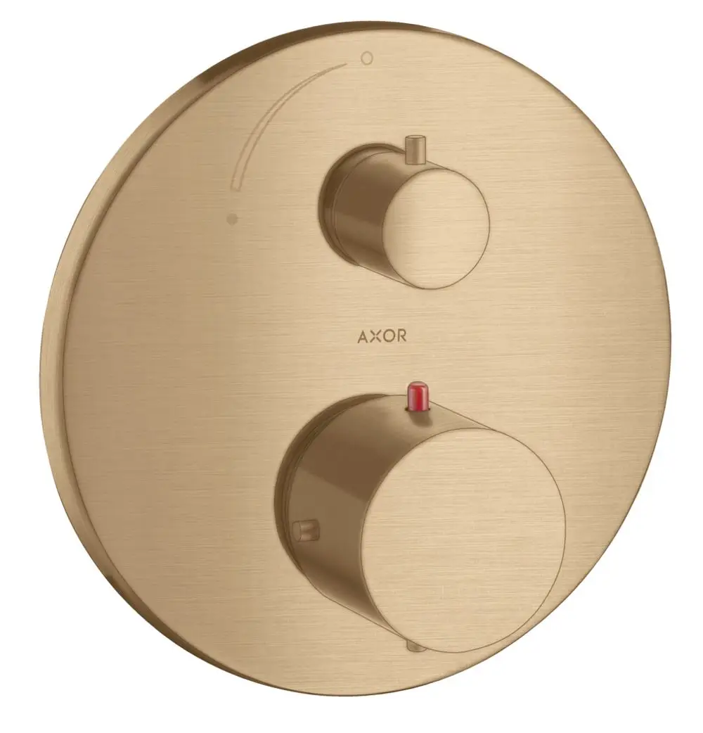 Thermostat zur Wandmontage in gebürstetem Bronze von AXOR mit zwei Reglern, einer mit rotem Punkt zur Temperaturregelung und einer zur Wasserabsperrung.